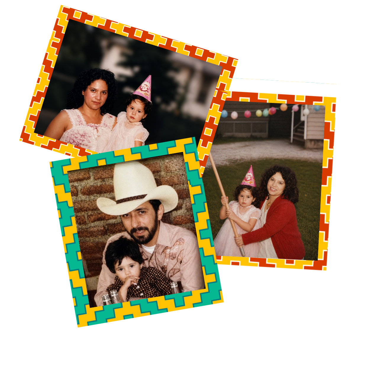 Family memories: mother and child at birthdays, and father with child