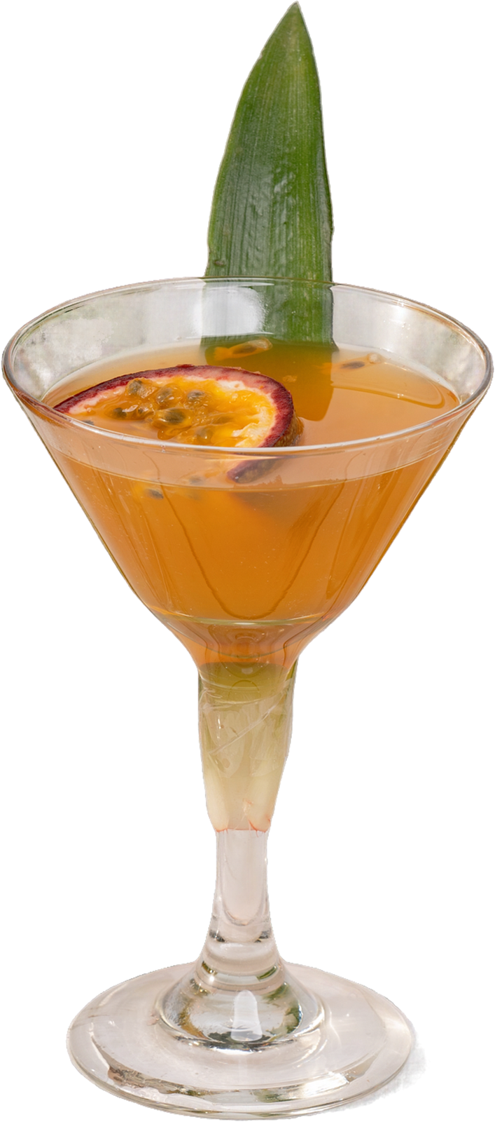 Golden drink in a stemmed glass with a citrus slice and green leaf garnish