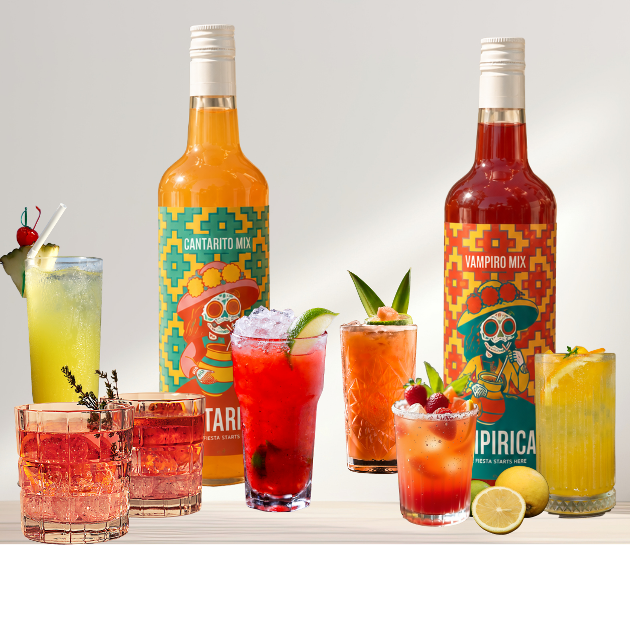 Cantaricas and Vampiricas bottles surrounded by a colorful assortment of garnished drinks