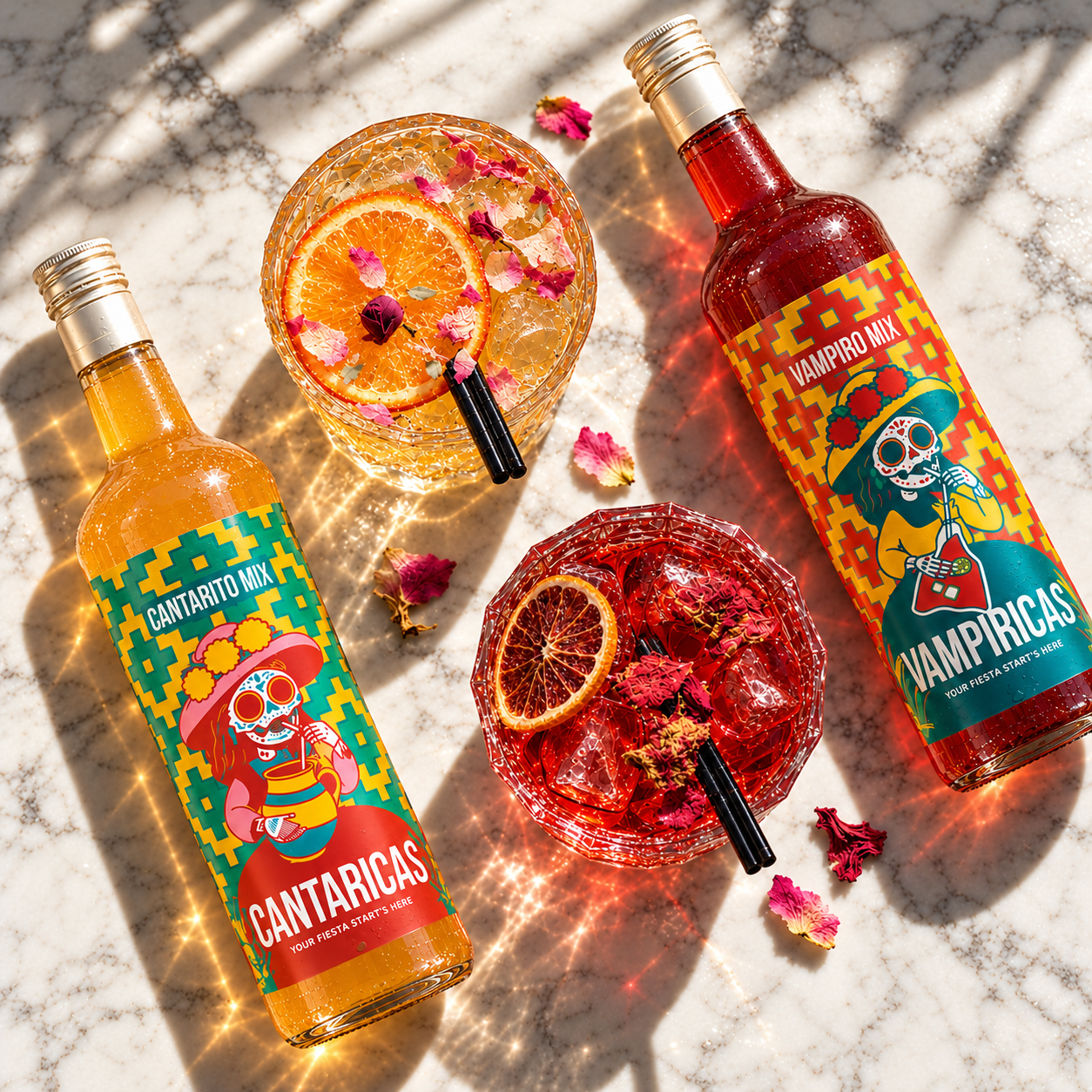 Overhead view of Cantaricas and Vampiricas bottles beside two iced drinks with citrus and floral garnishes