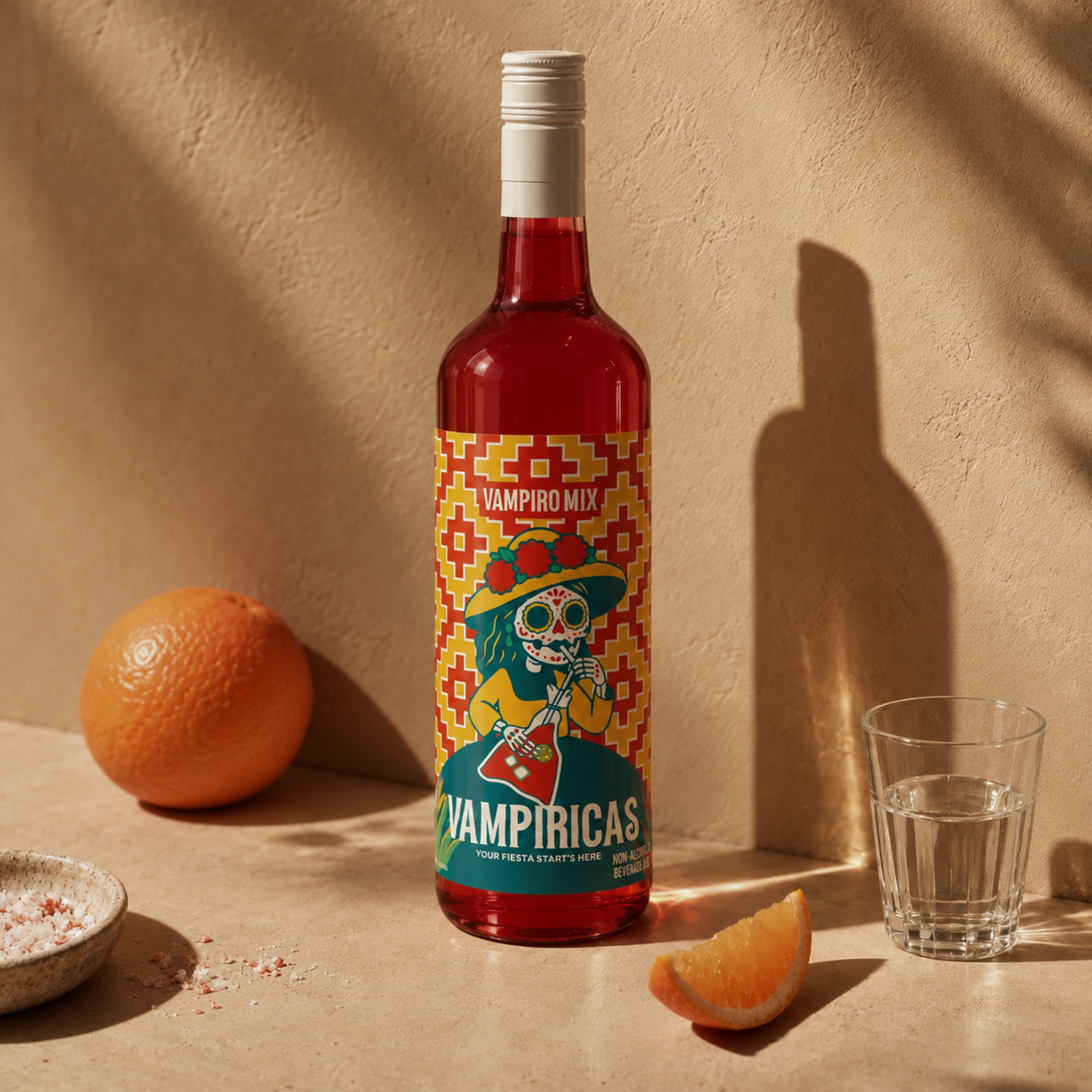 Vampiricas bottle with orange and a glass in warm sunlight