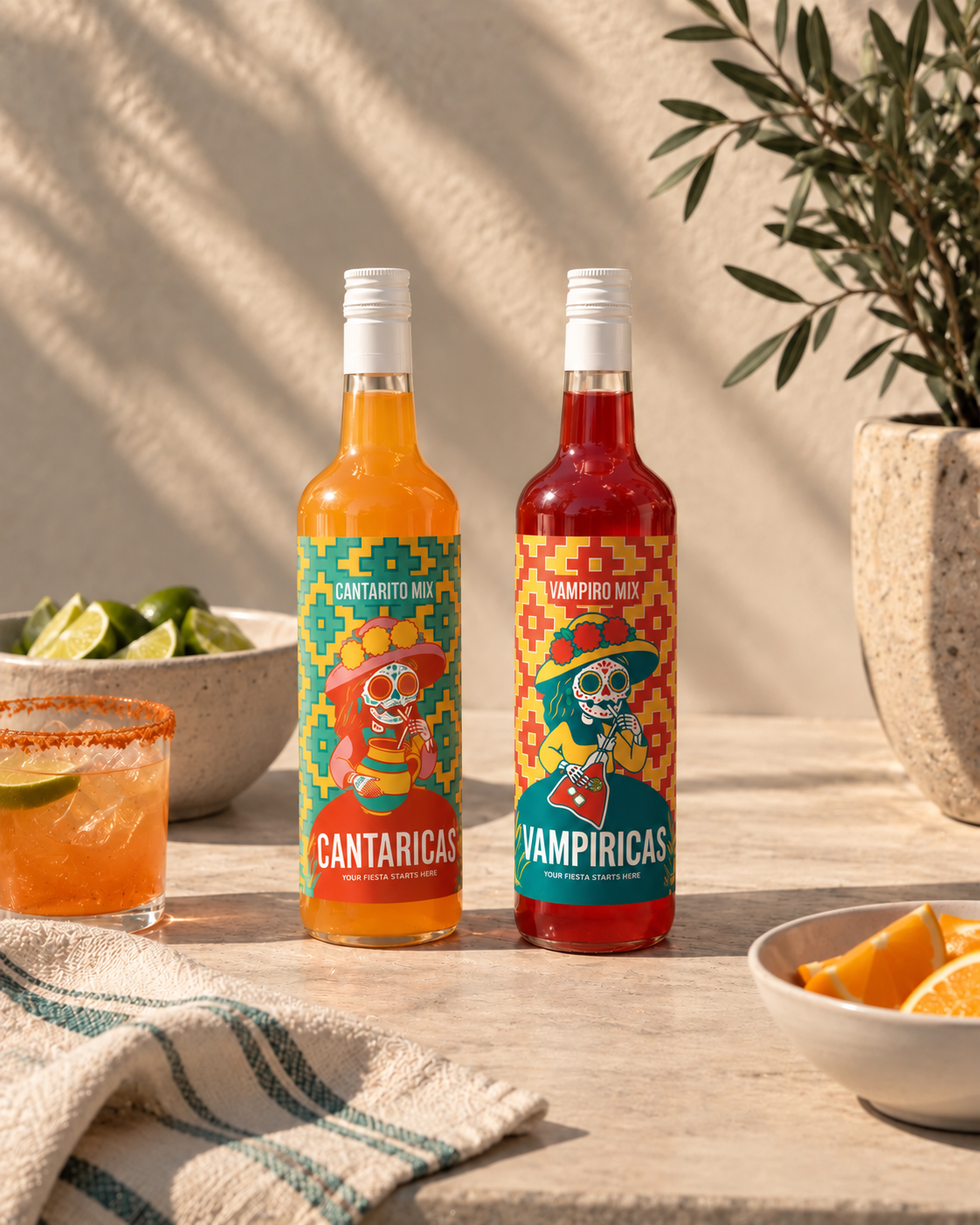 Cantaricas and Vampiricas bottles on a sunlit stone table with lime, orange slices and a citrus drink