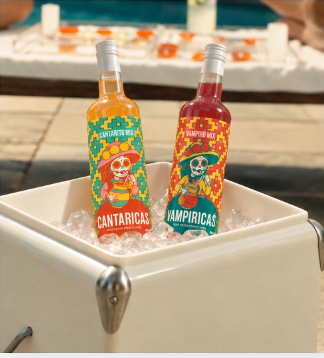 Cantaricas and Vampiricas mixer bottles chilled on ice in a cream cooler